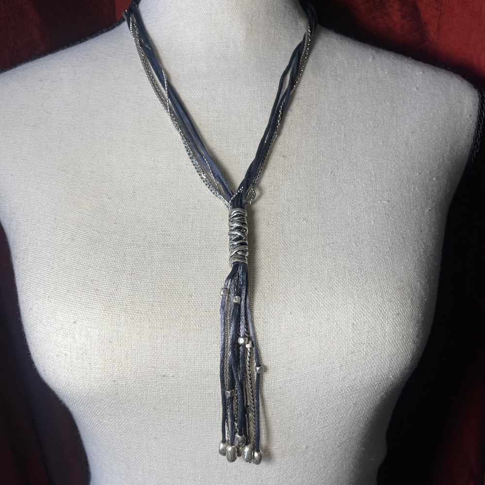 Chico's Multi Silver Chain Necklace With Blue Satin Cord